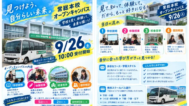 🎓✨ **9月26日（土）学校見学会開催！**

2学期が始まり、進路についても本格的に考える時期になってきました。

「どんな高校が自分に合っているんだろう？」
「実際の学校の雰囲気を見てみたい！」
そんな皆さん、ぜひ一度**わせがくPURE高等学校 常総本校**へ来てみませんか？✨

📅 **9月26日（土）**
⏰ **10:00受付開始**

当日は、
📚 学校説明
📝 体験授業
🏫 校舎見学
💬 個別相談
を実施します！

そして、ぜひ見てほしいのが、**今年4月に開校したばかりの常総本校の校舎！🏫✨**

まだまだ新しい学校だからこそ、これから生徒たちと一緒に学校の歴史をつくっていく「今」があります。

パンフレットやSNSだけでは分からない、実際の学校の雰囲気をぜひ感じてみてください！

「まだ進路が決まっていない」
「少し気になる」
そんな段階でも大歓迎です！

**見て、聞いて、感じてみる。**

あなたの高校選びのきっかけを、わせがくPUREで見つけてみませんか？✨

📍 **わせがくPURE高等学校 常総本校**
茨城県常総市中妻4180

皆さんのご参加をお待ちしています！🔥

#中3 #中学3年生 #スクールバス #受験生 #高校受験 #青春 #新校舎 #通信制 #志望校 #進路選択 #受験勉強 ＃わせがく#高校生活 #オープンキャンパス #学校見学